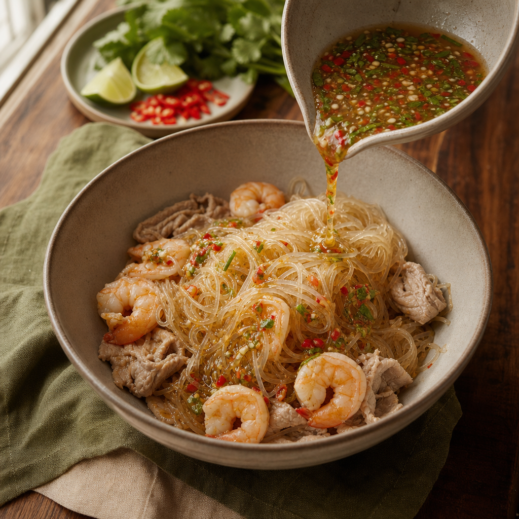 Yum Woon Sen (Thai Glass Noodle Salad) step 6: Dress the warm noodles first