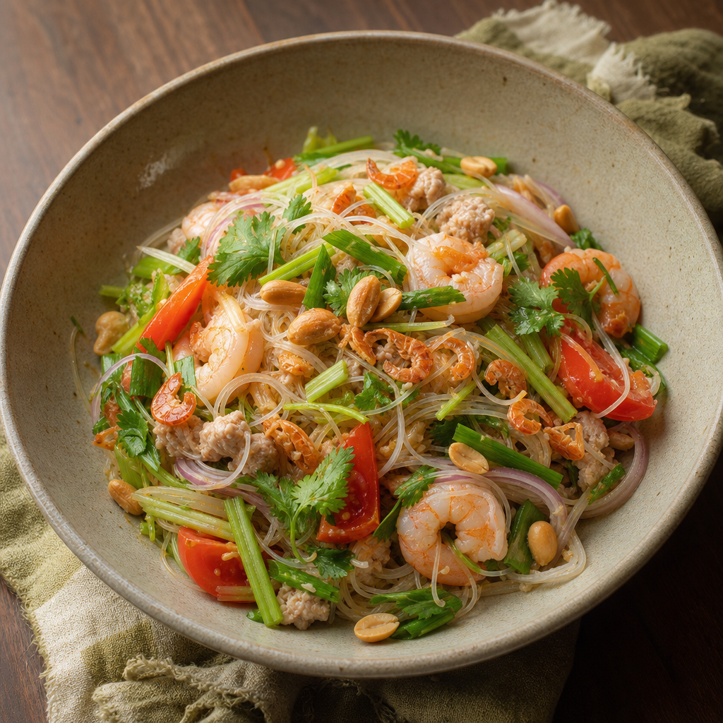 Yum Woon Sen (Thai Glass Noodle Salad) step 7: Add the vegetables and herbs